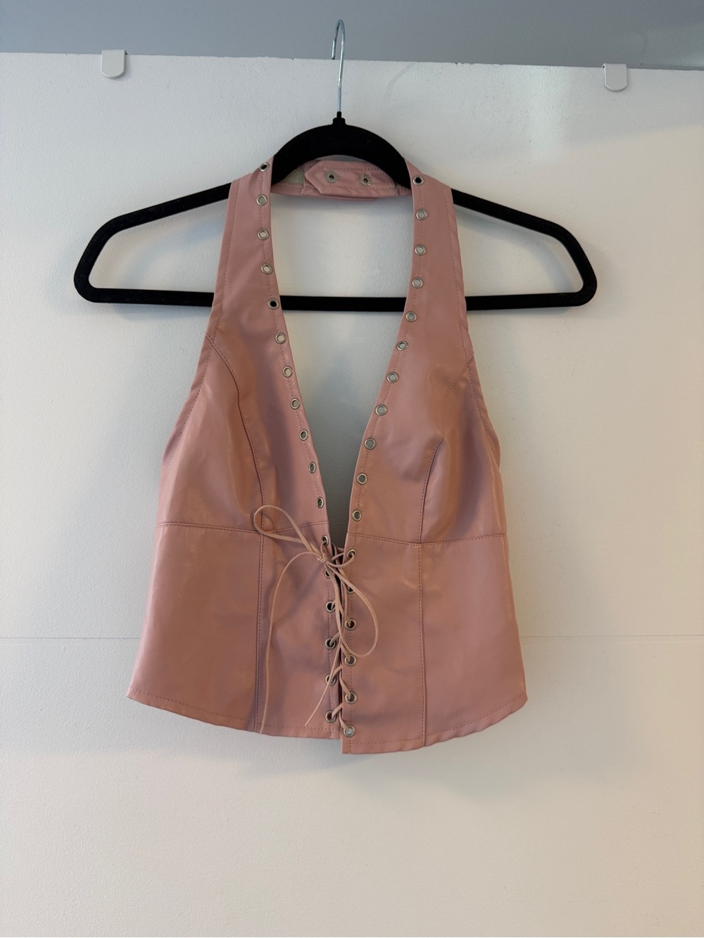 Edikted Elisha Lace Up Faux Leather Halter Top Pink XS